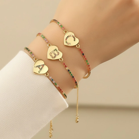 Heart Initial Bracelet Copper Rainbow Multi-Color Cubic Zirconia Adjustable Slider Box Chain Jewelry For Women