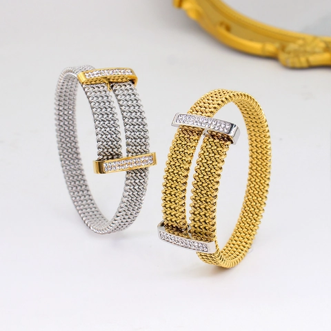 Bracciale Rigido alla Moda in Acciaio Inossidabile a Rete per Donna con Intarsio di Zirconia Placcato Oro Argento