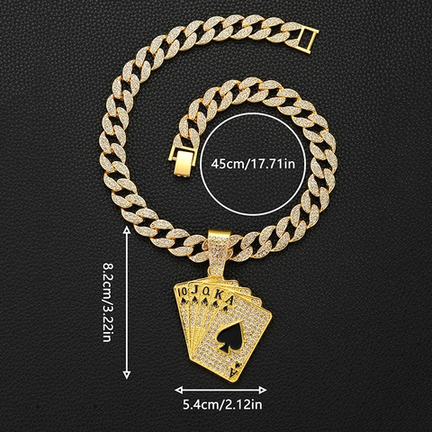 Hip Hop Iced Out Royal Flush Poker Pendant Necklace Alloy Rhinestone Pave Cuban Link Chain For Men Women Streetwear Jewelry