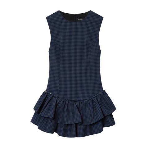 Ärmelloses Kariertes Minikleid Rundhals Doppelter Gestufter Rüschensaum Polyester Retro Akademischer Stil Damen