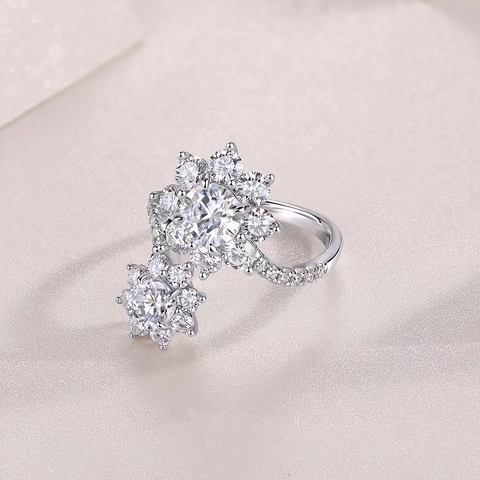 Luxurious 925 Sterling Silver Moissanite Double Flower Bypass Ring For Women D Color Round Cut Adjustable Anniversary Wedding Jewelry Gift