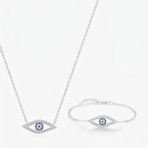 Teufelsauge Halskette Und Armband 925 Sterlingsilber Blau Weiß Zirkon Modeschmuck Für Damen
