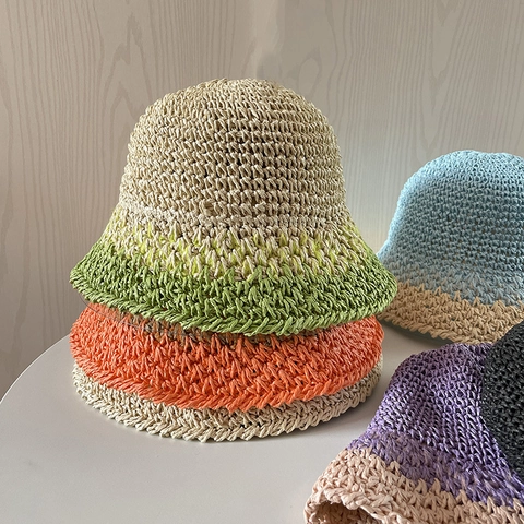 Handmade Crochet Paper Straw Bucket Hat For Women Gradient Color Block Foldable Wide Brim Summer Beach Sun Hat Chic