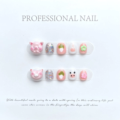 Uñas Postizas A Presión Hechas A Mano Para Niños Diseño Cerdo Rosa 3D Y Flores Brillo Estilo Dulce Para Niñas