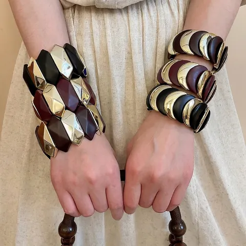 Pulsera Elástica Ancha Acrílica Geométrica Aleación Dorada Empalme Retro Moda Joyería Declaración Mujeres