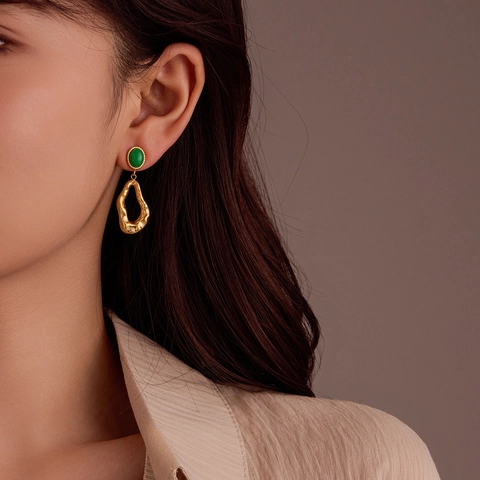 Orecchini Pendenti Geometrici in Acciaio Inossidabile Vintage Francese Con Pietra Naturale Per Donna Elegante Gioielli