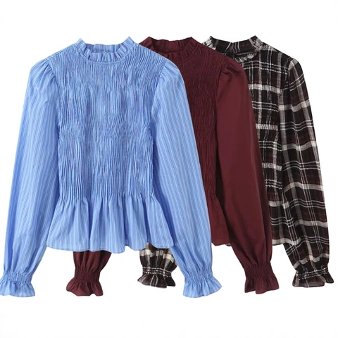 Damen Smock Bluse Langarm Stehkragen Rüschen Gesmoktes Top Polyester Karo Streifen Einfarbig Elegant