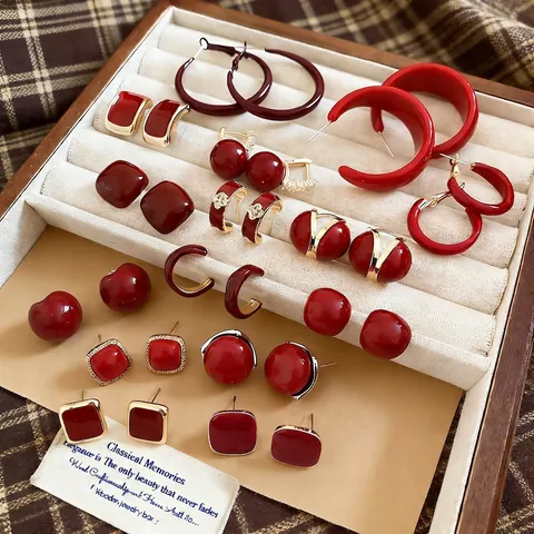 Vintage Red Enamel Copper Earrings With Silver Earring Post For Women New Year Party Jewelry Fashion Accessories