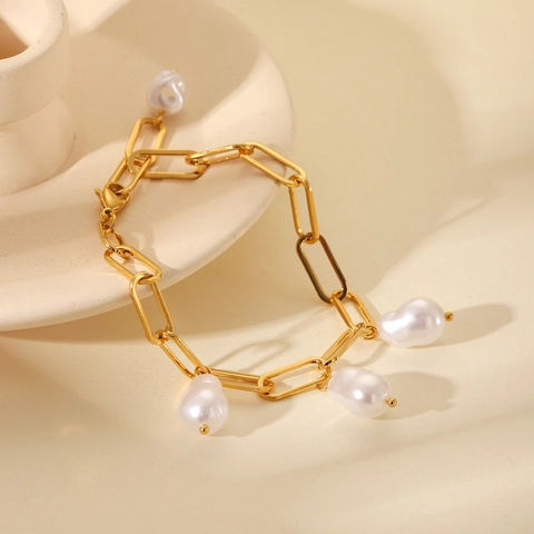 Bracelet Femme En Acier Inoxydable Plaqué Or 18K Avec Künstliche Perles Baroques Mode Minimaliste Bijoux