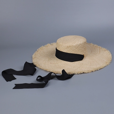Raffia Straw Boater Hat Wide Brim Frayed Edge Flat Top With Ribbon Strap For Summer Beach Vacation Sun Protection Women