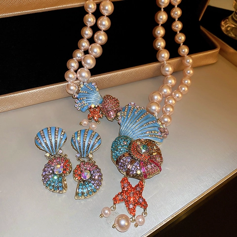 Juego De Joyas Tema Océano Concha Estrella De Mar Collar Perlas Artificiales Doble Capa Y Pendientes Strass Con Poste De Plata