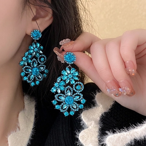 Orecchini Pendenti Floreali Con Strass Blu E Perno In Argento Sterling 925 Lega Lusso Vintage Goccia Lunga Gioielli Donna