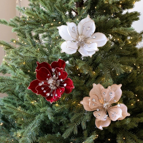 Artificial Christmas Tree Decoration Magnolia Flowers Velvet Glitter Edge With Rhinestone Center For Holiday Party Home Decor