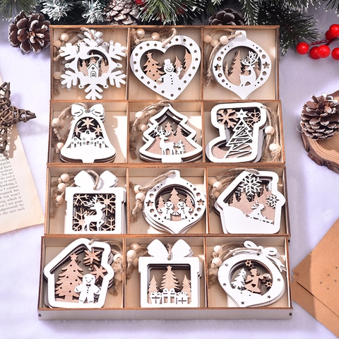 Christmas Wooden Hanging Ornaments Laser Cut Double Layer Hollow Snowflake Reindeer Tree Holiday Tree Decor White Natural