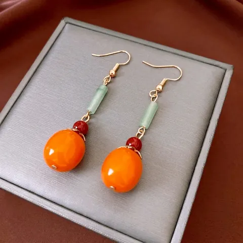 Persimmon Drop Earrings Alloy Stone Resin New Chinese Retro Ethnic Style Elegant Jewelry For Women