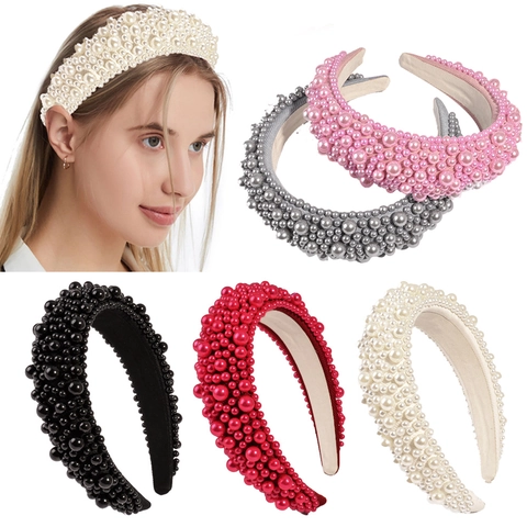 Faux Artificial Pearl Padded Headband For Women Elegant Wide Thick Sponge Hair Band French Style High Top Hair Accessories