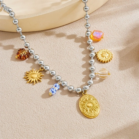 Collier Pendentif Soleil Gravé En Acier Inoxydable Chaîne À Billes Avec Perles En Céramique Et Résine Bijoux Multi Éléments Pour Femmes