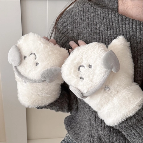 Süße Cartoon Hund Plüsch Cabrio Handschuhe Fleece Gefüttert Verdickte Warme Halbfinger Flip Top Fäustlinge Für Frauen