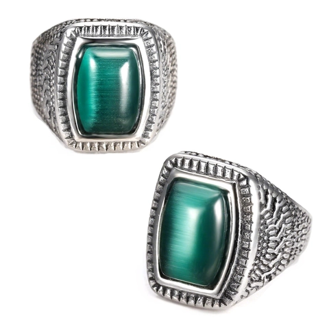 Anello Sigillo Da Uomo Nordico Retrò Acciaio Inossidabile 316 Smeraldo Sintetico Verde Occhio Di Gatto Texture Incisa Gioielli