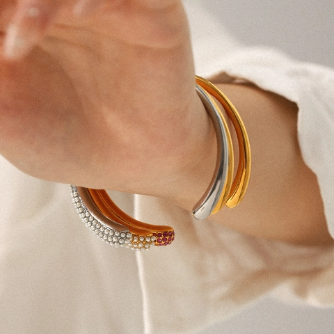 Offener Armreif Edelstahl 18K Vergoldet Regenbogen Zirkon Künstliche Perle Eleganter Schmuck Damen