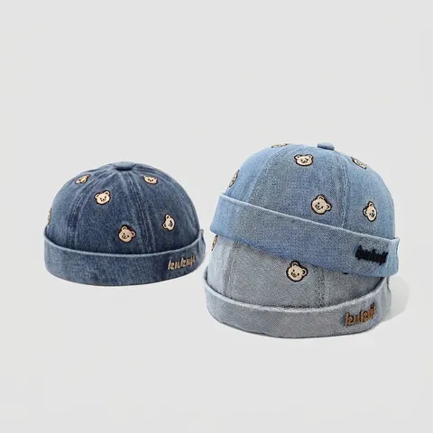 Kinder Baumwolle Denim Miki Hut Randlose Kappe Bär Stickerei Verstellbar Hip Hop Streetwear Für Kleinkinder Jungen Mädchen