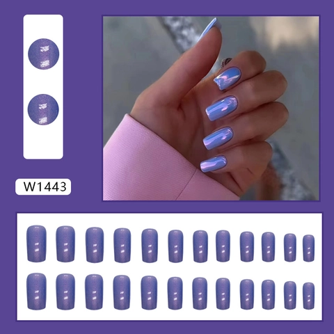 Unghie Press-On Quadrate Metalliche Aurora Viola Blu Manicure Artificiale Lucida Copertura Completa