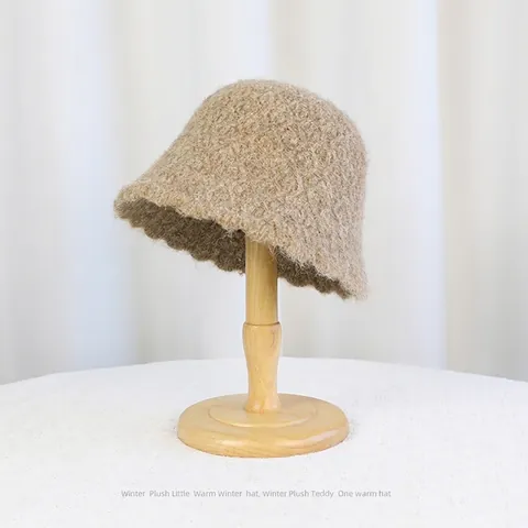 Women's Wool Blend Knit Bucket Hat Warm Plush Teddy Fur Wave Brim Solid Color Winter Windproof Fisherman Cloche Hat