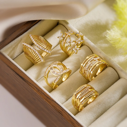 Irregular Geometric Open Ring Copper With Zircon Gold Plated Minimalist Hollow Band Jewelry For Women