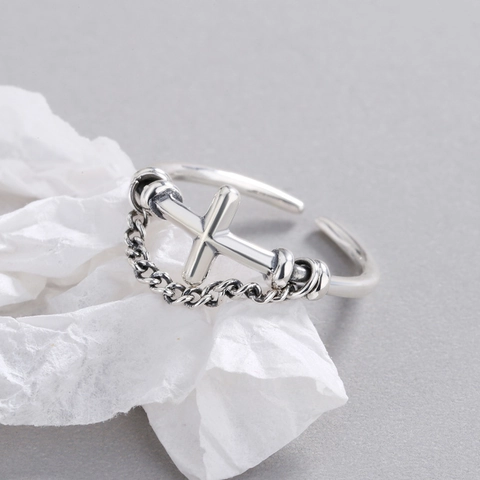 925 Sterling Zilveren Open Ring Met Kruis En Ketting Vintage Verstelbare Sieraden Cadeau Voor Vrouwen