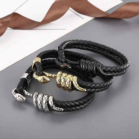 Herren Geflochtenes Rindsleder Armband Mit Edelstahl Schlangenkopf Punk Tier Schmuck