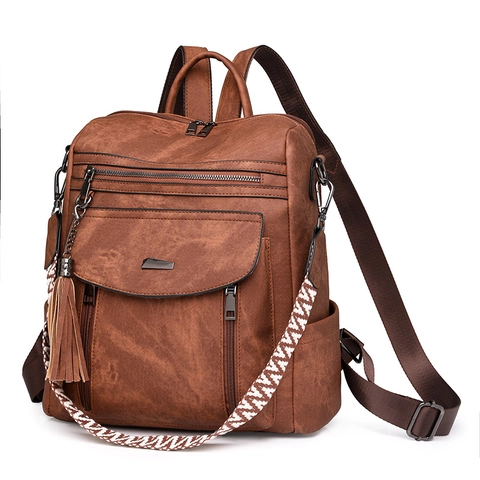 Women Vintage PU Leather Backpack With Tassel Decor And Woven Shoulder Strap Multi Pocket Fashion Daypack