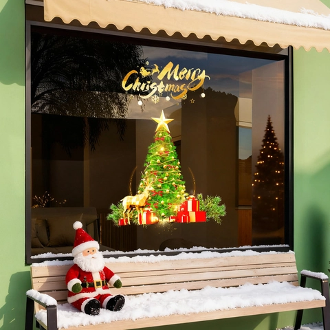Pegatinas Estáticas Ventana Navidad PVC Pino Reno Copos De Nieve Merry Christmas Calcomanías Holiday Shop Home Decor