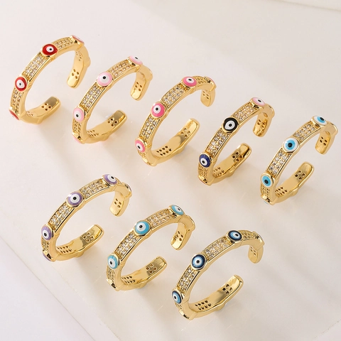 Böser Blick Offener Ring Vergoldetes Kupfer Mikro-Pave Zirkon Bunte Emaille Verstellbarer Modeschmuck Damen