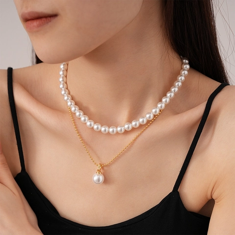 Collar De Capas Vintage Con Perlas Artificiales Sintéticas Y Colgante Geométrico De Cobre Bañado En Oro Para Mujer Elegante
