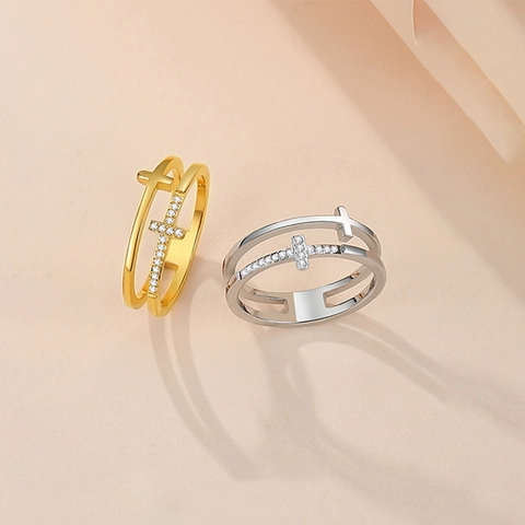 Minimalistischer Titanstahl Doppelschicht Kreuz Ring Für Damen Mit Strass Eingelegt Mode Leicht Finger Schmuck Zubehör