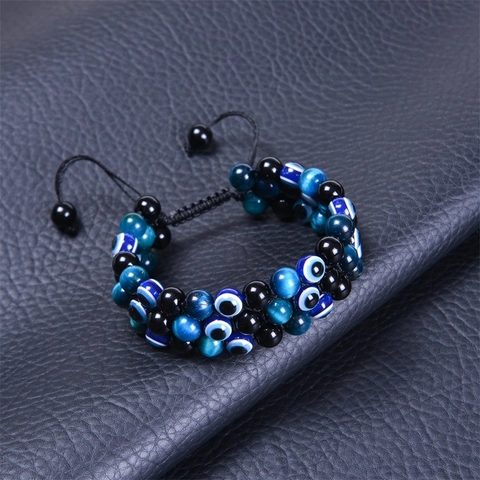 Tiger Eye Obsidian Evil Eye Braided Rope Bracelet Handmade Adjustable Gemstone Jewelry For Men And Women