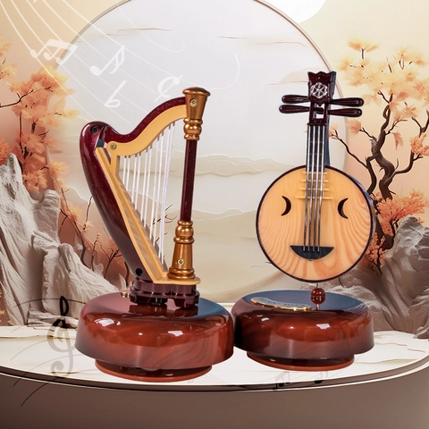 Caja De Música Giratoria Con Forma De Instrumento Musical Vintage Mecánica Grano De Madera Plástico Decoración