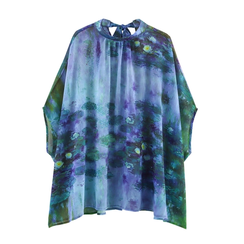 Casacca Camicetta In Chiffon Donna Stampa Pittura Ad Olio Ninfee Ampia Manica Pipistrello Fiocco Vintage Impressionista