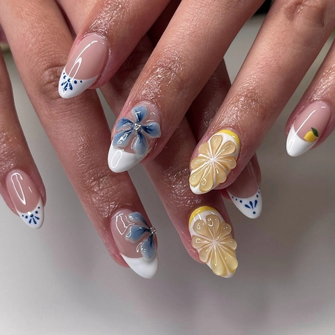 French Press On Nails ABS Plastic 3D Mint Blue Ice Flower Lemon Relief Artificial Pearl Decor Almond Shape Elegant Manicure For Women
