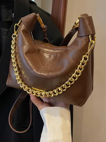 Vintage Quilted Hobo Bag PU Leather Gold Chain Decor Shoulder Handbag For Women Elegant Casual Solid Color Zipper Closure