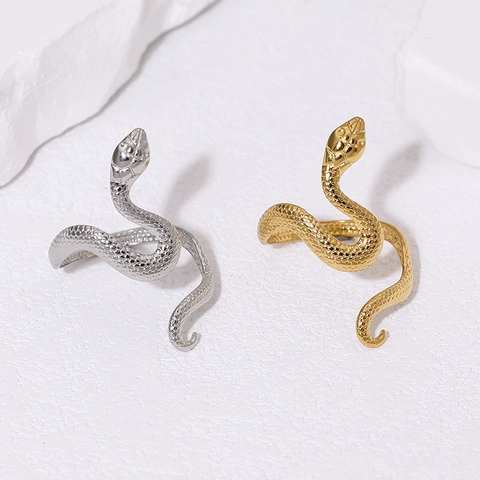 Snake Ring For Women 18K Gold Plated Stainless Steel Adjustable Open Band With Scale Texture Minimalist Gothic Jewelry