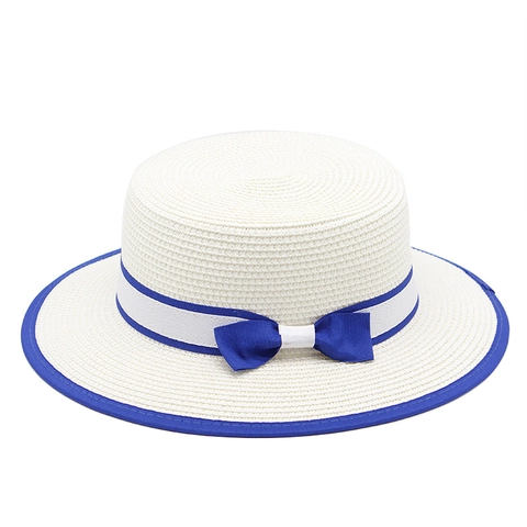Women Straw Boater Hat Wide Brim Ribbon Bow Foldable Summer Beach Elegant Vintage Sunshade Flat Top Sun Protection