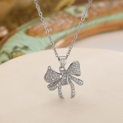 Strik Hanger Ketting Koper Met Zirkonia Glinsterend Elegant Minimalistische Stijl Dagelijkse Sieraden Voor Vrouwen Meisjes