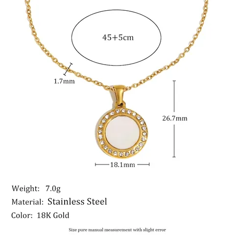 Shell Pendant Necklace 18K Gold Plated Stainless Steel Round Mother Of Artificial Pearl Inlaid Sparkling Rhinestone Women Jewelry