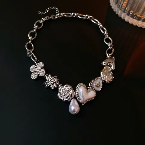Silver Color Alloy Necklace With Enamel Heart Strawberry Rose Flower And Faux Artificial Pearl Charms Vintage Jewelry For Women
