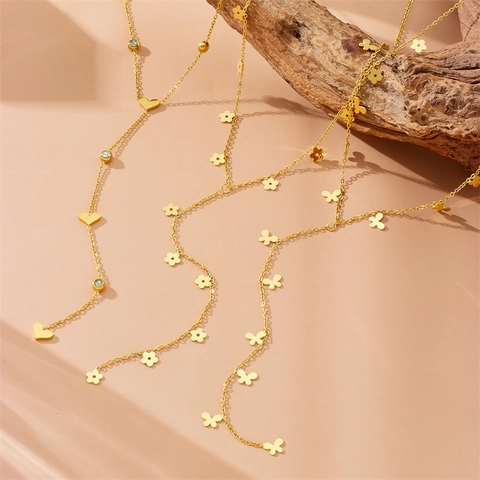 Collana Lariat A Forma Di Y In Acciaio Inossidabile Placcato Oro Pendente Cuore Fiore Farfalla Croce Zircone Gioielli Minimalisti