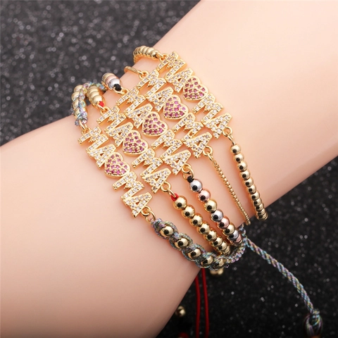 Mama Heart Letter Adjustable Bracelet Copper Alloy Zircon Jewelry Mothers Day Gift For Women