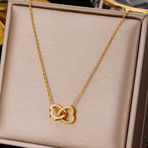 Ineinandergreifende Doppelherz Anhänger Halskette Edelstahl Vergoldet Minimalistischer Süßer Schmuck Für Damen