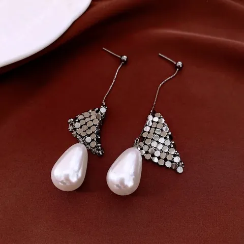Elegant Water Drop Faux Artificial Pearl Dangle Earrings Mesh Triangle 18K Gold Plated Copper With 925 Sterling Silver Earring Post