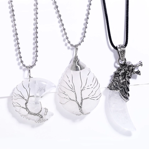 Tree Of Life White Crystal Wire Wrapped Pendant Necklace Bohemian Handmade Copper Jewelry Moon Water Drop Wolf Tooth